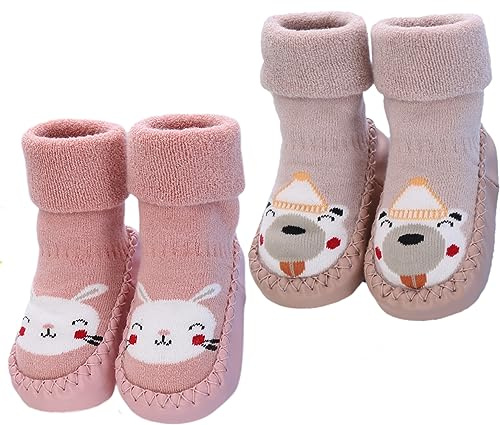 Cysocool 2 par baby toffelstrumpor tjocka frotté barn mockasiner halkskydd nyfödd småbarn varma första promenadskor strumpor med grepp, 2 par rosa kaki, 18-24 Months