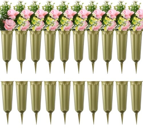 20 Stück Friedhofsvasen mit Spikes, Kunststoffvasen für Blumen, Grabdekorationen für Friedhof, Grabblumenhalter, Gedenkblumenvase (Gold)