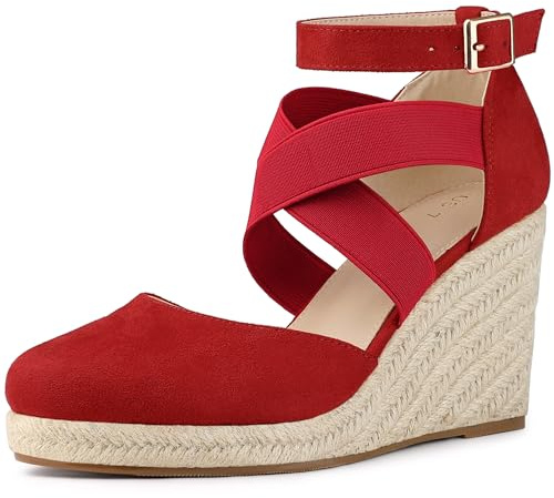 Allegra K Sandales espadrilles à talon compensé à bout fermé pour femme, Rouge, 38.5 EU