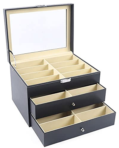 3 niveles 24 unidades grandes gafas de sol caja de almacenamiento de piel sintética con ventana de cristal, cajón, negro | caja de gafas y joyas para hombre y mujer