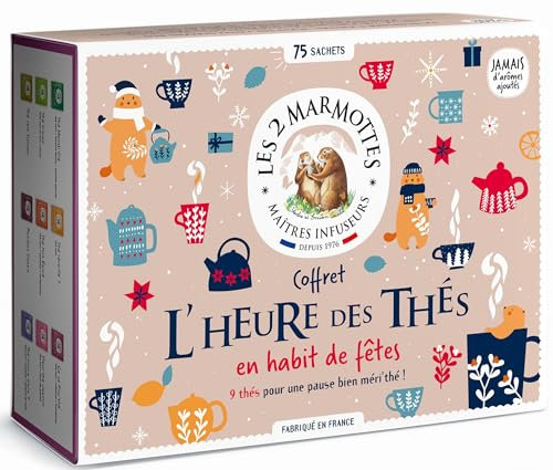 Les 2 Marmottes - Coffret L'Heure des Thés 75 Sachets - 9 Thés et Rooibos BIO - Idéal En Cadeau - Petit Déjeuner et Energisant - Made In France - Sans arômes ajoutés - 127g