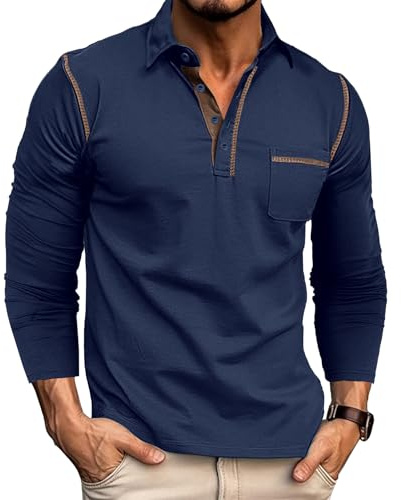 Rodawu Mens Long Sleeve Polo Shirts Cotton Polo T-Shirts Golf Tops Grandad T Shirt
