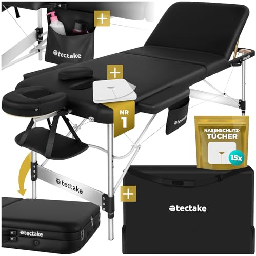 tectake® Massageliege 3 Zonen, Massagetisch, Massageliege klappbar, höhenverstellbare Aluminium Massageliege, Massagebett tragbar inkl. Zubehör, Kopfstütze, Armlehne, Tragetasche - schwarz