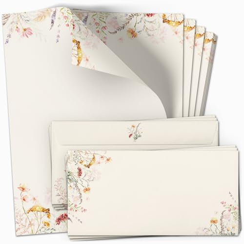 10 Briefpapier und Briefumschlag SET | Hell Beige Gelb Blumen Frühling | Papier und Umschlag mit Design-Motiv bedruckt | 90 g/m²