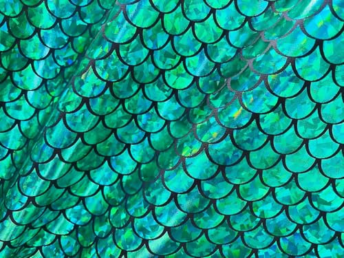 Tessuto a squame di sirena, tessuto elasticizzato in spandex iridescente a forma di coda di pesce, larghezza 150 cm, tessuto metallico lucido per costumi e creazioni fai da te (verde su nero, 2 metri)