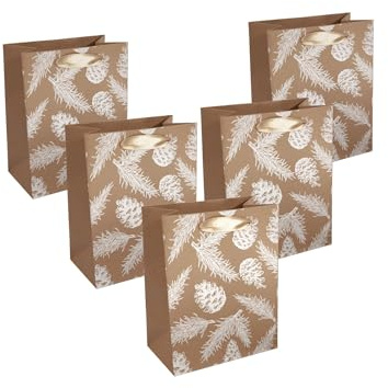 SIGEL GT131 Lot de 5 sacs cadeaux en plastique marron et blanc, motif pommes de pin et branches de pin, fond et poignées en ruban de soie de couleur assortie, 18 x 23 x 10 cm