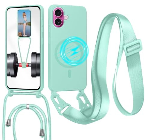 Magnetiskt silikonfodral för iPhone 16 med snodd, kompatibelt med Magsafe, ultratunt TPU-silikon, stötsäkert och avtagbart nyckelband för iPhone 16, ljusgrön