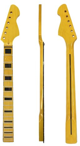 WUQIMUSC Maple wood Electric Guitar Neck replacement for 22 Frets, 25.5 Scale, Bolt-On heel, Yellow Gloss Finish (Black block inlay)