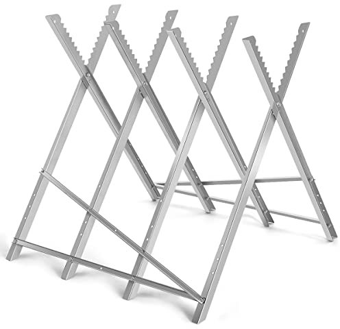 COSTWAY Foldable Steel Sawhorse, Portable Log Sawhorse Wood Stand with Notched Sawteeth, Heavy Duty Sawbuck for Firewood Cutting Sawing Work, 100KG Load Capacity