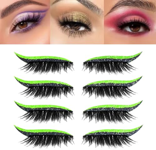 Parche de Pestañas Lazy Eyeshadow, 4 Pares de Pestañas Adhesivas Postizas, 2 en 1 Reutilizables, Pegatinas de Maquillaje para Sombras de Ojos - Naturales Impermeables(4 pairs of fluorescent)