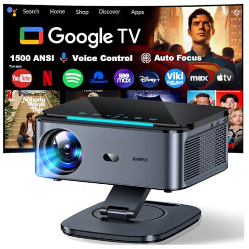 Videoprojecteur【1500 ANSI/Auto Focus/360° Rotation】 XIWBSY Projecteur Video Google TV/Contrôle Vocal, WiFi 6 Bluetooth 5.3, Retroprojecteur 4K Supporté 38000 Lumen, Projector Home Cinéma/Extérieur