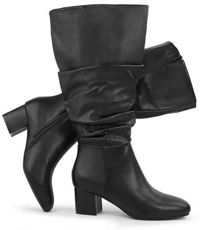 Chicblooms Botas de vestir pantorrilla extra ancha para mujer, botas holgadas de ante con tacón de bloque,PU negro, EU 38