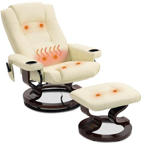 WENTUM 8-Point Massage Recliner with Ottoman, Heated PU Leather Reclining Chair w/Solid Wood Base, Indoor Lounge TV Chair with Footrest for Living Room and Bedroom, Beige
