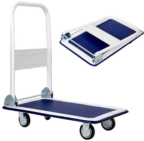 SOARS Carrello Pieghevole con Ruote, Carrello a Piattaforma da Transporto, Capacità 150 KG, con Piattaforma Antiscivolo, per Trasporto, Movimentazione, Demenagement, 73 X 48 X 83 CM (Blu+Bianco)