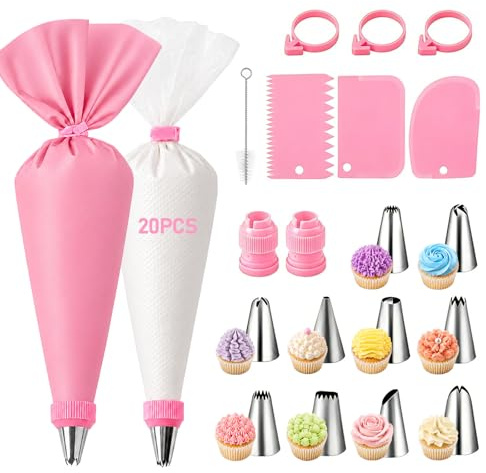 soodyoow 40 mangas pasteleras con boquillas, manga pastelera de silicona, color rosa y blanco