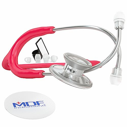 MDF Instruments, Acoustica Lightweight Stethoscope for Doctors, Nurses, Students, Home Health Use, Adult, Dual Head, Raspberry Tube, Silver Chestpiece-Headset, MDF747XP23