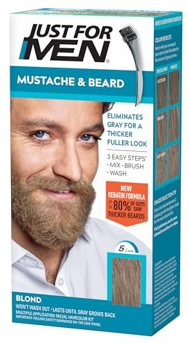 Just For Men Mustache & Beard, multiple uses Beard Dye for Men with Brush Included, With Keratin Biotin Aloe and Coconut Oil for Healthy Facial Hair - Blond, M-10/15, Pack of 1 (Packaging May Vary)