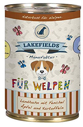 Lakefields Premium Welpenfutter Nass | Huhn 61% | 6 x 400g | Getreidefreies Hundefutter für Welpen | Natürliche Zutaten in Lebensmittelqualität | Karotten, Kartoffeln & Apfel | Schonend gegart