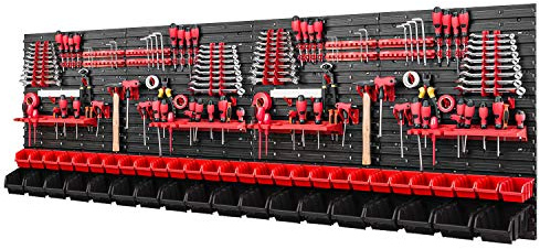 PAFEN Tool Wall Stacking Boxes - 2304 x 780 mm - Storage System Set Tool Holders and 46 Red/Black Boxes - Wall Shelf Workshop Shelf Perforated Wall Storage Boxes