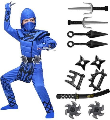Spooktacular Creations Blå ninja-dräkt med drakfjäll, perfekt för halloweenfester, Ninja-temafester, halloweenfester, julfödelsedagsfest