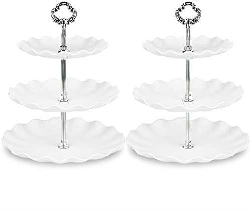 NWK Pack of 2 Large Stable 3-Tier Cupcake Stand 30cm Height Plastic Cake Stand Food Round Display for Wedding Birthday Graduation Afternoon Tea Party (Silver, Large)