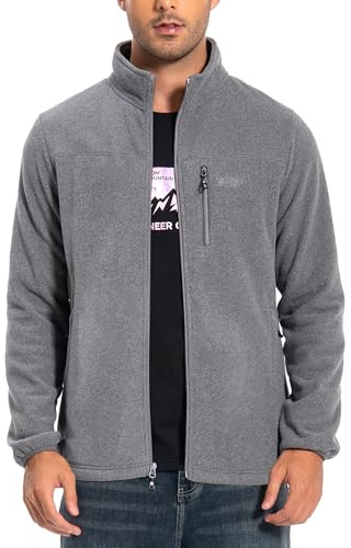Pioneer Camp - Chaqueta de forro polar con cremallera completa para hombre, ligera, resistente al viento, para exteriores con cremallera, gris claro, L