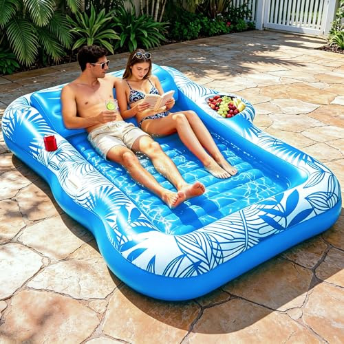 83x63 Inflatable Tanning Pool Lounger Float, Extra Large Pool Floats Adult with Pillow 4 in 1 Suntan Tub Raft Floatie with Food Drink Holder, Tanning Bed Blow Up for Summer Beach Pool Party - Blue