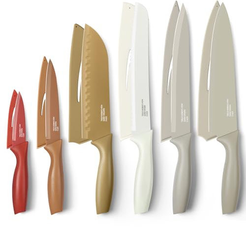 Homikit 6 Pieces Kitchen Knife Set with 6Pcs Covers, Stainless Steel Sharp Knives Including Paring, Utility, Bread, Slicing, Santoku & Chef Knife, Non-Stick Coating & Easy Clean - Multicolor
