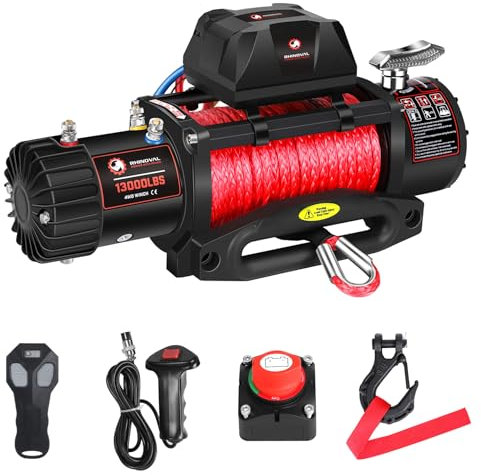 RHINOVAL 13000lb Electric Winch, Synthetic Rope, Battery Disconnect Switch, Low Profile Control Box, 12V, IP67 Waterproof, Wireless Remote, for Offroad Recovery SUV, Truck, Boat Trailers, Flatbeds