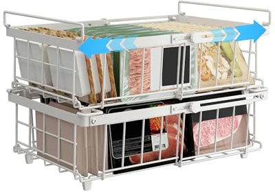 UMDONX 2 Pack Expandable Chest Freezer Basket Organiser Storage Boxes with Foldable Handle, Stackable Kitchen Pantry Shelf Rack Forzen Food Containers, Durable Metal White Load 25KG