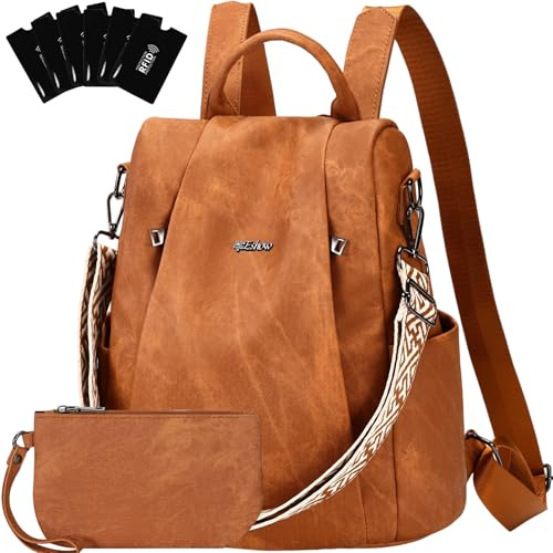 Eshow Rucksack Damen Klein, Anti-Diebstahl Elegant Cityrucksack, Wasserdichter Tagesrucksack Veganes Leder, Rucksacktasche mit Clutchbag RFID Blocker Modern für Pendeln Schule Arbeit Reise Braun