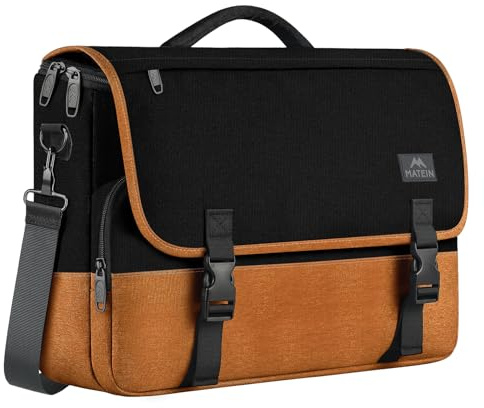 MATEIN 15.6 inch Messenger Bag for School, Briefcase Lightweight Men's Laptop Bag with Adjustable Shoulder Strap, Water Resistant Crossbody Satchel Computer Case for College Work, Black & Brown