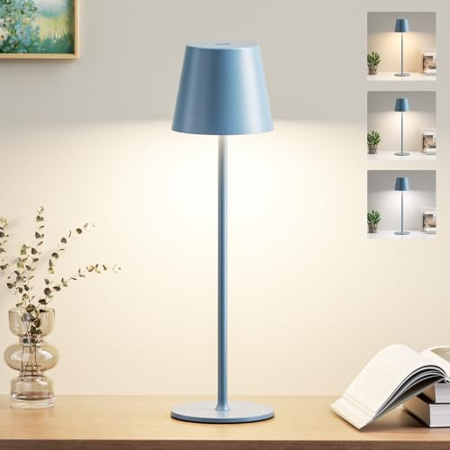 PreeOtti Lampada da Tavolo Senza Fili LED Dimmerabile, 3 Modalità di Colore, Lampada da Comodino Touch Ricaricabile per Camera da Letto, Soggiorno, Campeggio all'aperto Esterno Verande(Blu)
