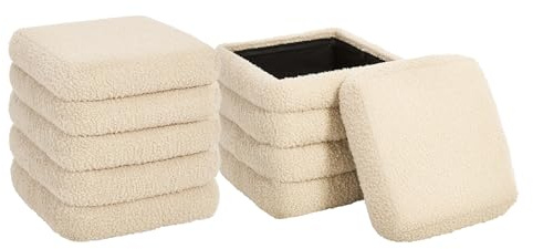 eSituro Set med 2 sittpall med förvaringsutrymme, vikbar pall, stoppad pall av teddytyg, fotpall sittkub förvaringspall, för vardagsrum sovrum, beige