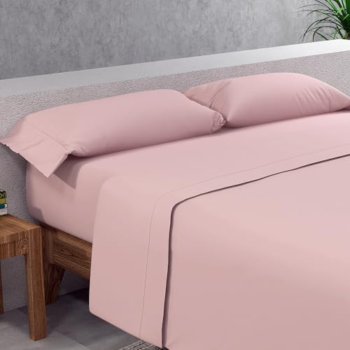 SOMNI HOME Juego de Sábanas Lisas Dormitorio Suaves y Cómodas – Sábanas Ajustables para Camas 135 cm – Ropa de Cama Transpirable. Color Rosa.