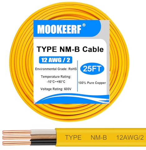 12/2 Wire with Ground - 25FT 12 Gauge NM-B Non-Metallic Sheathed Cable 100% Pure Copper 12 AWG 2 Conductor Residential Indoor Wire for Outlets, Switches, Other Loads and Lighting Wiring Projects etc.