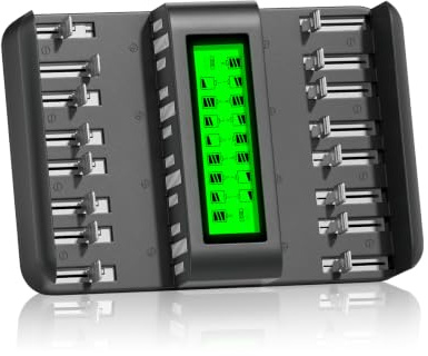 CITYORK Cargador de batería LCD con 16 ranuras para pilas AA AAA C D NI-MH recargables con adaptador