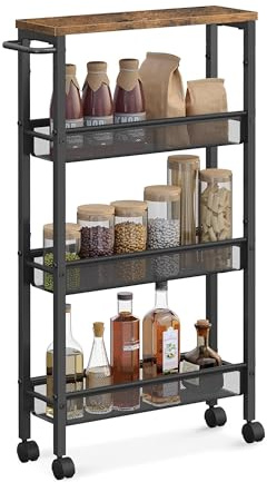 Relaxdays Scaffale da nicchia in Metallo con 4 Ripiani, Ruote, 77x13x45 cm, Marrone/Nero