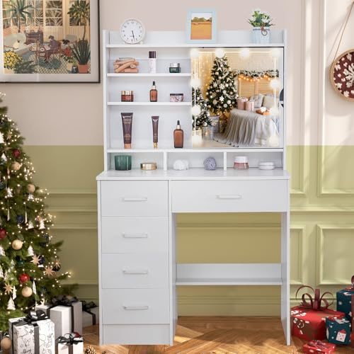 Saimeihome Tavolo da toeletta con illuminazione e specchio, tavolo cosmetico dimmerabile con cassetti e ripiani, tavolo da toeletta bianco per camera da letto 80 x 36 x 130 cm Dec25