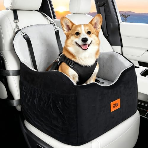 KYG Washable Dog Car Seat, Dog Bed for Car with Cooling & Warm Booster Pads, Secure Dog Car Seat Medium Small Sized Dog with Safety Harnesses, Front Seat Pet Travel Bed