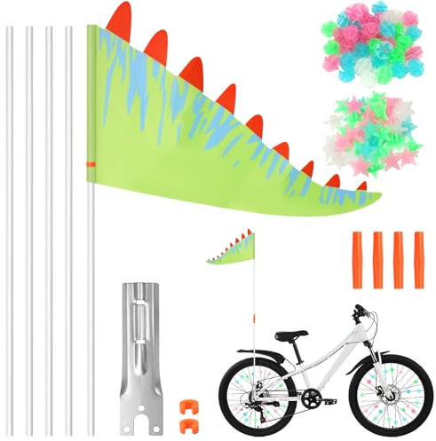 Molirex Cykelflagga för barn med 72 färgglada cykelekrar – 166 cm gröna cykelvimplar, justerbara säkerhetsvimplar med vimpelstång och ekklickare för pojkar och flickor