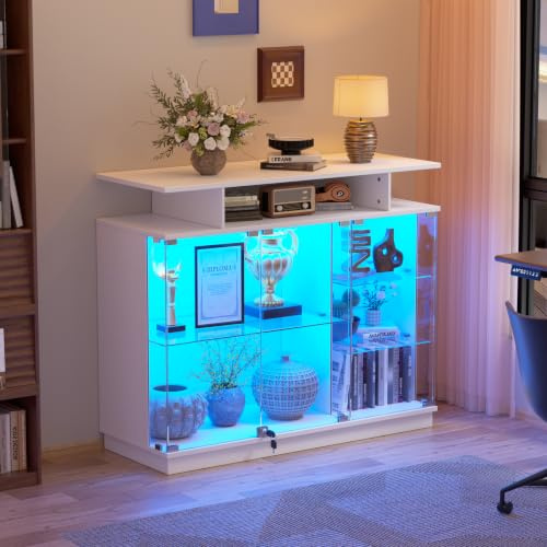 MSFE Vitrina de Cristal con LED, Vitrinas para Salon con Puerta de Cristal con Cerradura 3 Capas de Vitrina Expositora para Colecciones, Curio Vitrina para Sala de Estar, Blanco 120x38.6x100CM