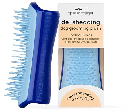 Pet Teezer De-Shedding Dog Brush by Tangle Teezer, Dog Grooming Tool for Short Haired Breeds and Wet or Dry Fur, Small, Navy & Sky Blue