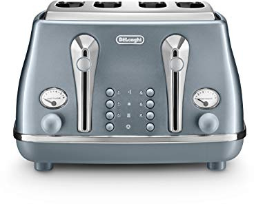 De'Longhi Icona Metallics Toaster CTOT4003.​AZ, 4 Slot Toaster with Reheat and Defrost Functions, Separated Control Panels, 6 Browning Levels, 1800 W, Pull Crumbs Trays, Stainless Steel, Azure
