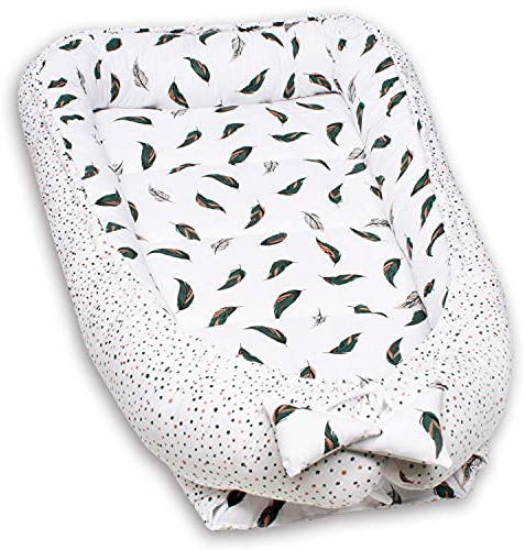 PaLulli 120x60 cm nid bébé nid bébé Cocon bébé XXL, Double Face, 100% Coton, Oreiller, nid pour lit bébé, nid Douillet, lit de Voyage pour bébés et Nourrissons (Plumes)