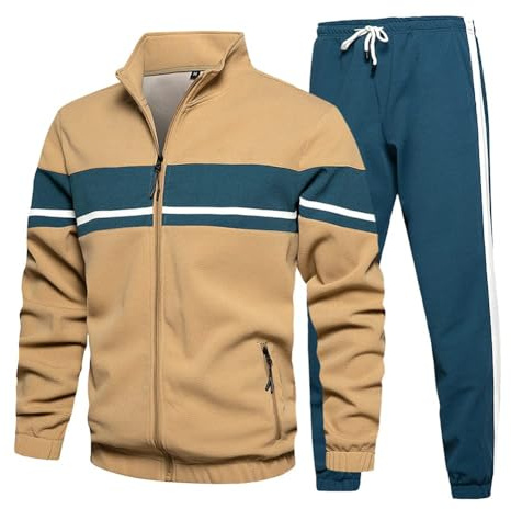LBL Leading the Better Life Men's Tracksuit Athletic Sports Casual Full Zip Stripe Sweatsuit Set 2 Piece Khaki M