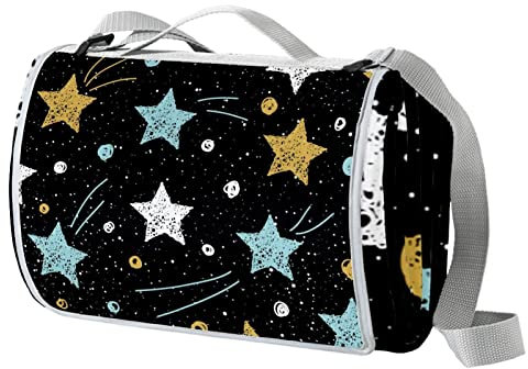 Bunte Sterne auf schwarzem Hintergrund, wasserdichte Picknickdecke, praktische Picknick-Matte, Tragetasche für Strand, Camping, Wandern, faltbar