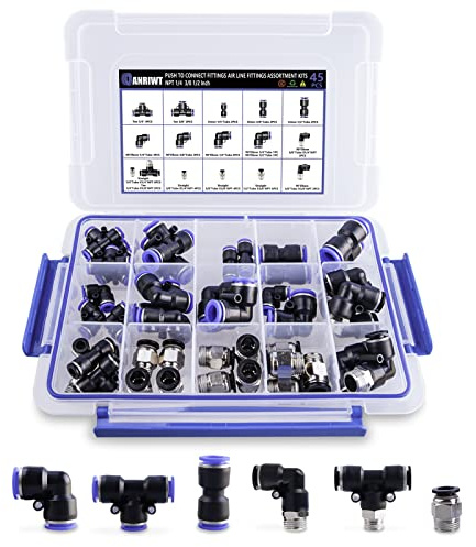 45PCS Air Line Fitting Kit, NPT Thread Push To Connect Fittings, Nylon Tubing 1/4, 3/8, 1/8, 1/2 Quick Connect, Air Line Fittings assortment kit for Automotive Car or Industrial Workshops