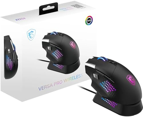MSI VERSA PRO WIRELESS + MOUSE DOCK PRO Souris gaming - Station d'accueil, capteur optique 26000 DPI, balayage 1000 Hz, pour droitier, switches optiques OMRON 70M+ clics, batt. 80 heures, 97g - filair