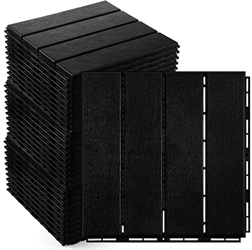 Treela 48 Pcs Plastic Interlocking Deck Tiles - 12 x 12 Inch Patio Deck Tiles Waterproof Outdoor Flooring Composite Decking Boards for Porch, Poolside, Balcony, Backyard (Black)